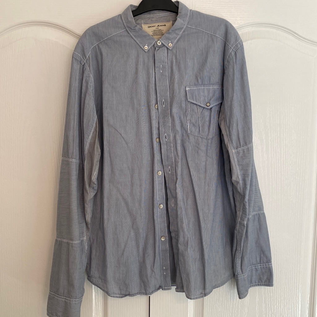Dkny Stripe Button Up With Patchwork Styling